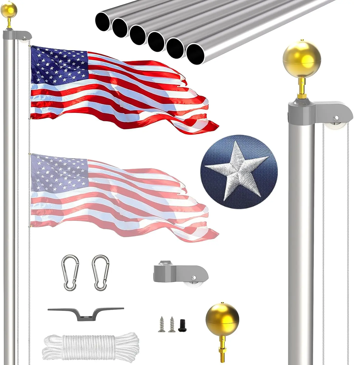 SISUPASSIE 25FT Sectional Flag Pole Kit, Extra Thick Heavy Duty Aluminum Flagpoles for Outside House Inground with 3'*5' American Flag and Black Ball Topper for Residential or Commercial Use, Silvery