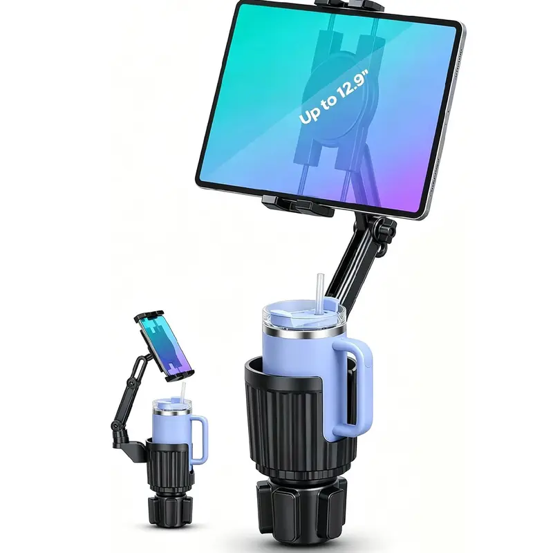 2-in-1 Cup Holder Tablet Mount Expander, 15" Adjustable Arm & 360° Rotation Heavy Duty Car Tablet Holder for 4-13" Device And 2.5-4" Most Bottles