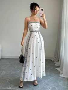 Women’s White Boho Spaghetti-Strap Maxi Dress with Contrast Geometric Print and Lace Trim; High-Waisted, Flowy A-Line Summer Beach Vacation Dress for Dates and Parties