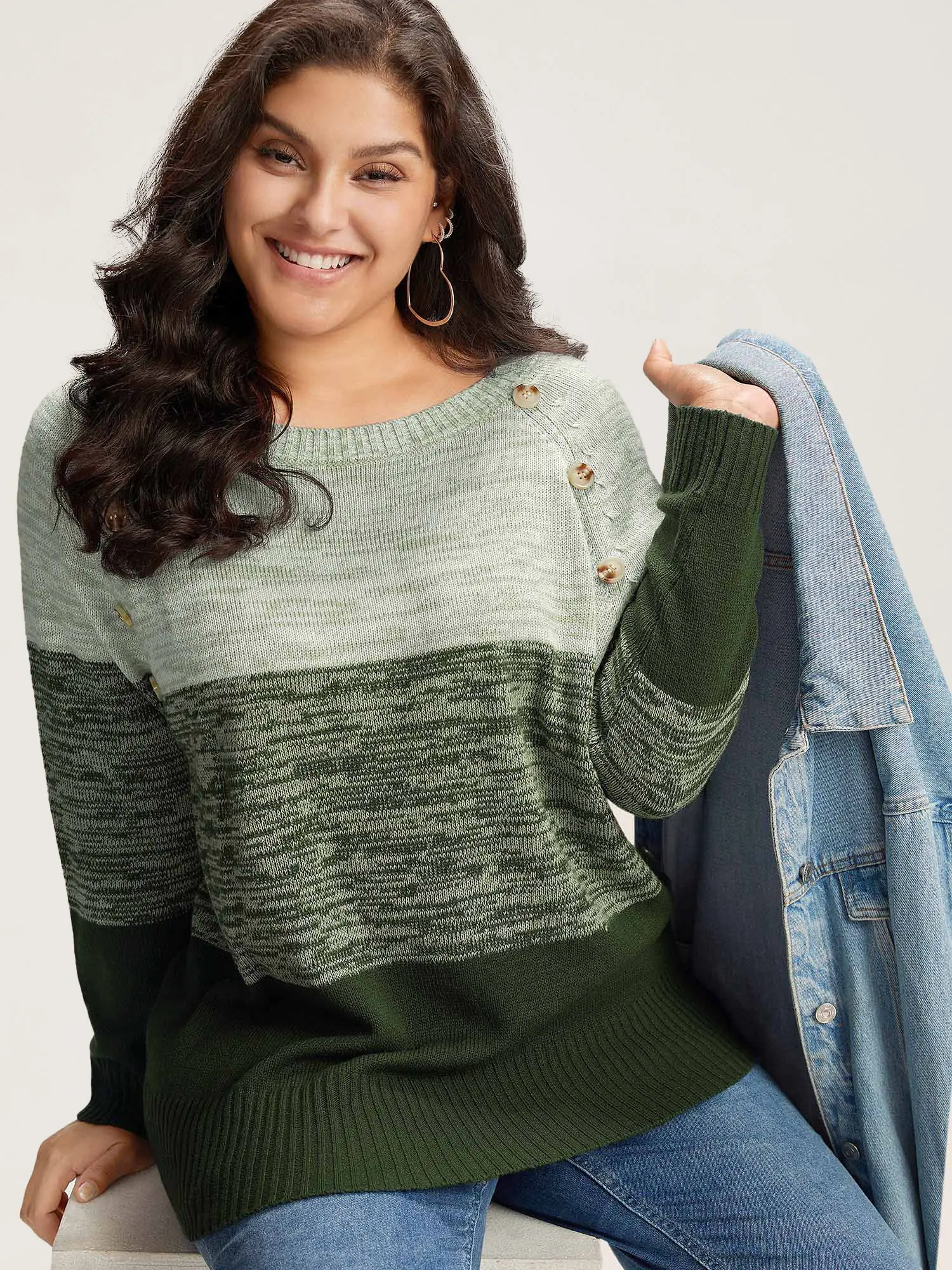 BloomChic Women's Plus Size Colorblock Pullover Sweatshirt - Casual Lightweight Heather Nylon Fabric Top, Regular Fit, Simple Sleeve, Button Detail, Everyday Basic Style, Breathable, Hand Wash Cold