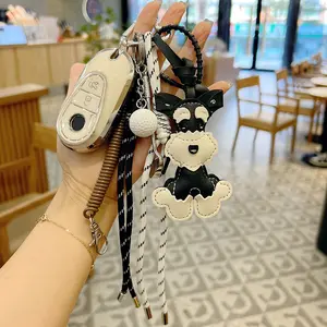 Cute Leather Schnauzer Dog Keychain, Hand-Woven Rope Bag Charm with PU Puppy Design, Trendy Car Key Accessory for Dog Lovers, Kawaii Pet Themed Gift