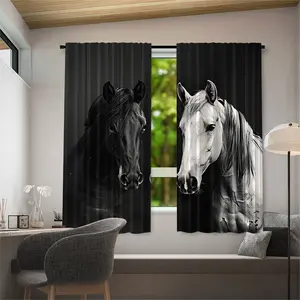 2pc black and white horse pattern curtains with handle and bag design. It is an ideal gift for friends. Suitable for home decoration in dormitories, bedrooms, living rooms, kitchens, study rooms, hotels, apartments, etc. Window Curtain