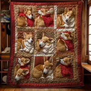 Vintage Patchwork Corgi Dog Pattern Blanket, Luxury Flannel Throw, Soft Warm Plush, Ideal for Home Bedroom Sofa Travel Gift