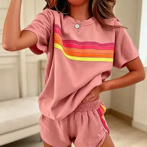Women's 2-Piece Polyester Fabric Loungewear Set - Loose Short-Sleeve Gradient Striped T-Shirt & Pants, Simple Retro Casual Spring Wardrobe Essential