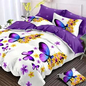 Butterfly Print Decorative Duvet Cover Set, 1 Count Duvet Cover & 2 Counts Pillowcase without Filler, Soft Comfortable Bedding Set, Flower Printed Bedding for Home Bedroom
