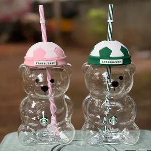 Overseas Starbucks - Strawberry Football Bearista Bear Straw Cup With Football Cap Lid 20oz