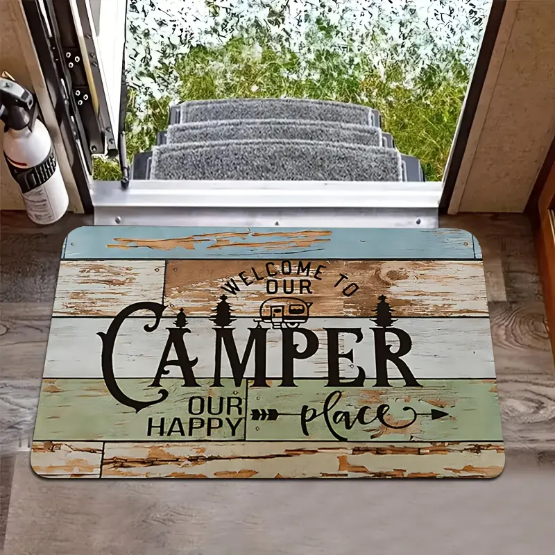 [Mother's Day Gift] CAMPER RV Welcome Doormat - RV Camper Van Floors Rugs, "Welcome to Our Happy Place" - Outdoor Mat for RV, Trailer, Cabin, Camping Home Washable Area Rug Living Room Rug, Rubber Backing Boho Graphic Rug Boho Runner Rug