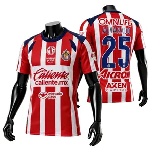 2526 Chivas CD Guadalajara Home Alvarado #25 Jersey Vintage Mexico Red and White Stripe Short Sleeve Top Football Jersey LIGAMX