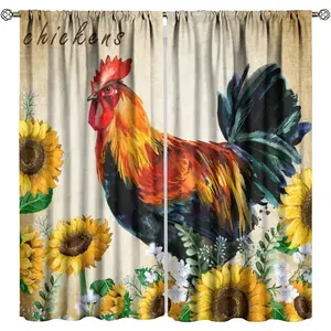 Rooster Kitchen Curtains Rustic Farmhouse Sunflowers Colorful Retro Art Printed Window Drapes for Bedroom Decor Fabric 2 Decor W21xL45in 30% Blackout