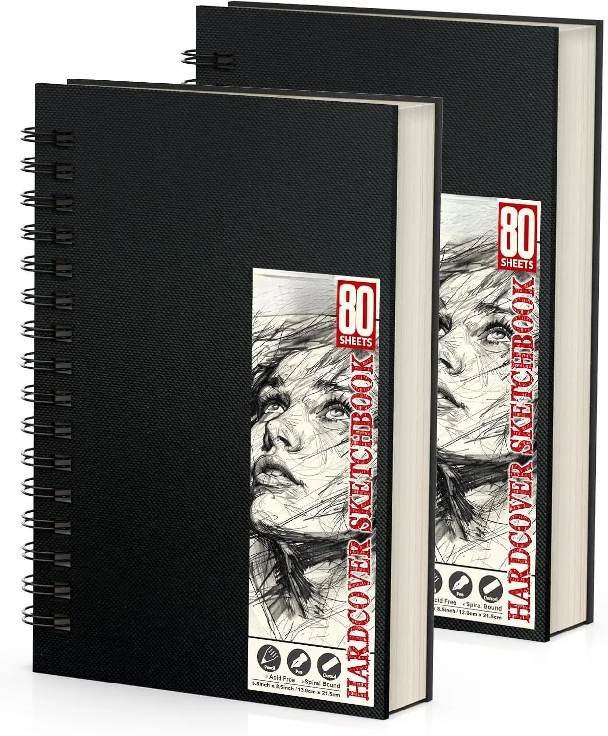 5.5"x8.5" Hardbound Spiral Sketch Book 2-Pack, 80-Sheets 68lb/100gsm Acid-Free Double-Sided Paper, Durable Drawing Pad for Teens & Adults, Office Stationery for Painting Writing Sketching