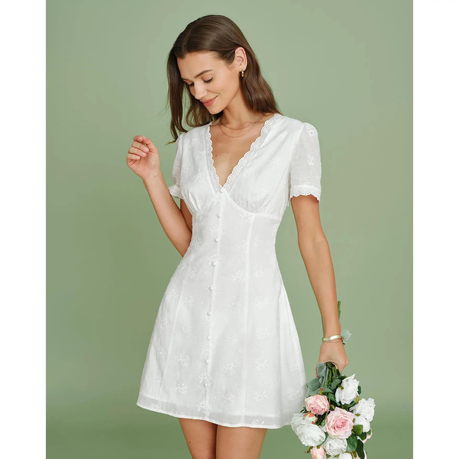 White V Neck Embroidery Lace Mini Dress