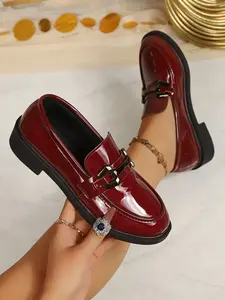 Vintage Wine Patent Leather Loafers, Glossy Finish, Metal Buckle Design, Low Heel Comfortable, Perfect for Commute and Dates