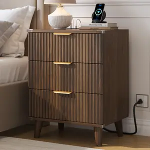 Aowos Fluted Nightstands for Bedroom, Modern Bedside Table with 3 Drawers & Charging Station, Fluted Panel End Tables for Bedroom & Living Room, Bedside Cabinet with USB Ports, Nightstand with Storage, Apartment Nightstand, Kids Bedside Table, tiktokshops