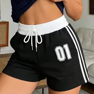 Women’s summer outdoor shorts with numeric print, side stripes, fashionable retro casual athletic design; women’s summer outdoor casual shorts suitable for yoga, tennis, running, gym, outdoor, and home use; women’s trendy sports shorts.