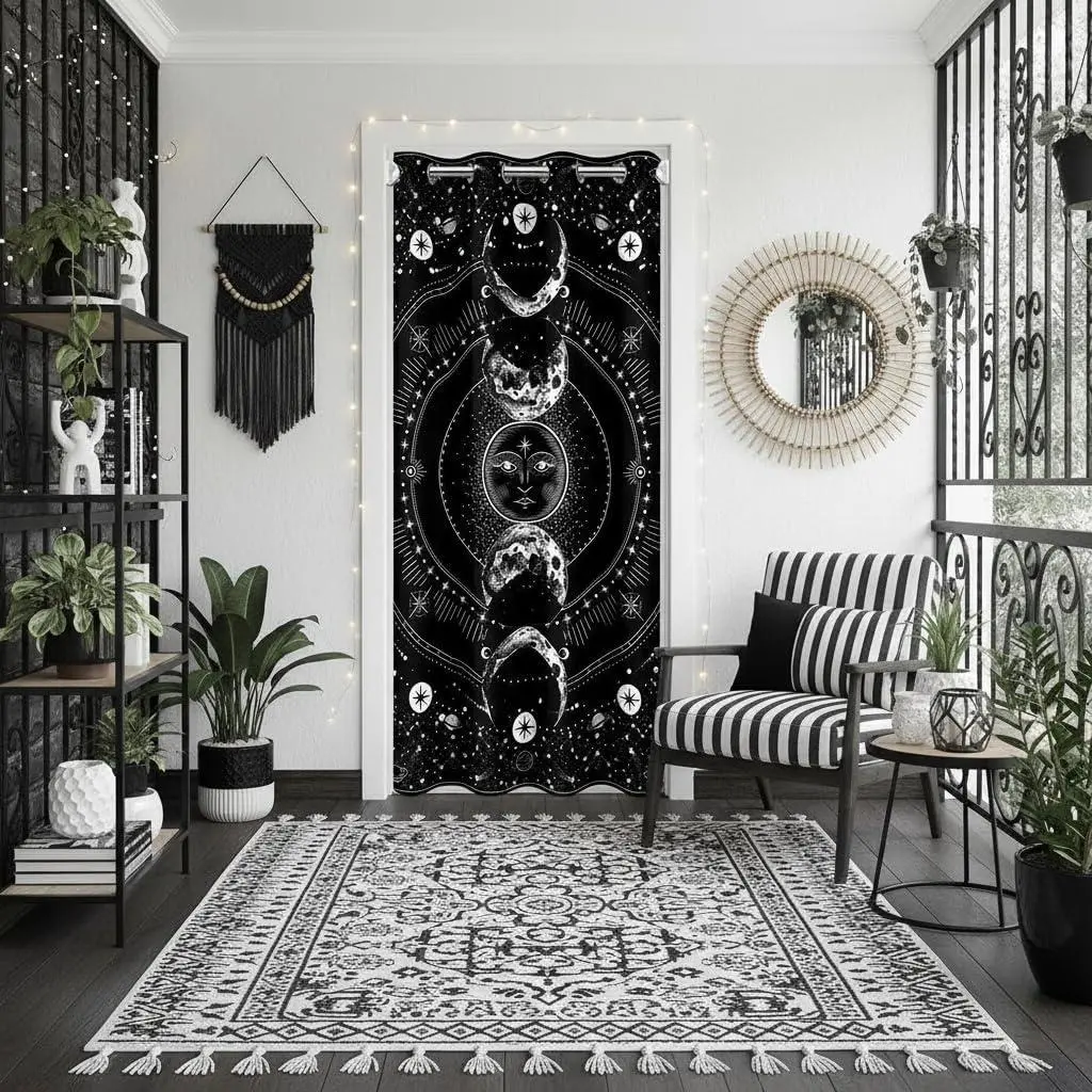 Boho Style Door Curtain,Boho Sun and Moon Closet Door Curtain,,Black White Starry Sky Privacy Shading Decor