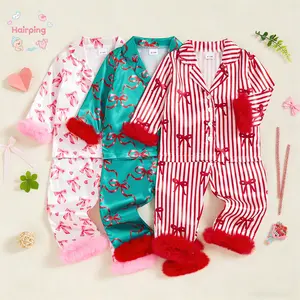 Kids Girls Christmas Pajamas Set, Bow Print Long Sleeve Tops with Elastic Waist Pants Sleepwear