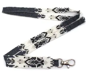 Handmade Beaded Turtle Design Grey White Lanyard - ID Holder, Eyeglass Holder, Key Holder
