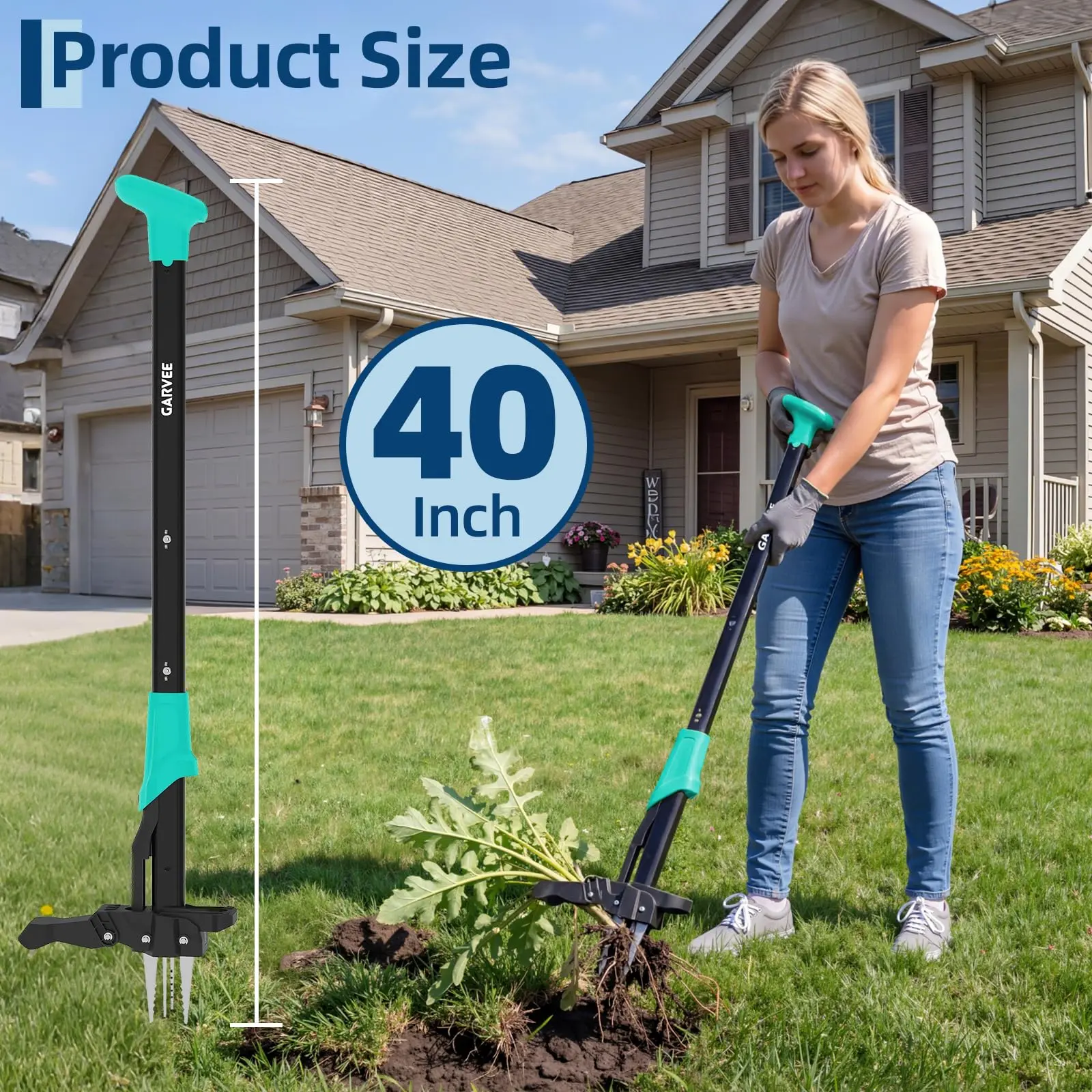Garvee Effortless Weeding & Comfort - 4-Claw Upright Weed Puller, 40" Ergonomic Long Handle Manual Weeding Tool with Ejector, Easily Remove Weeds Without Bending or Kneeling, for Garden, Lawn, Patio, Outdoor Use, Black & Blue