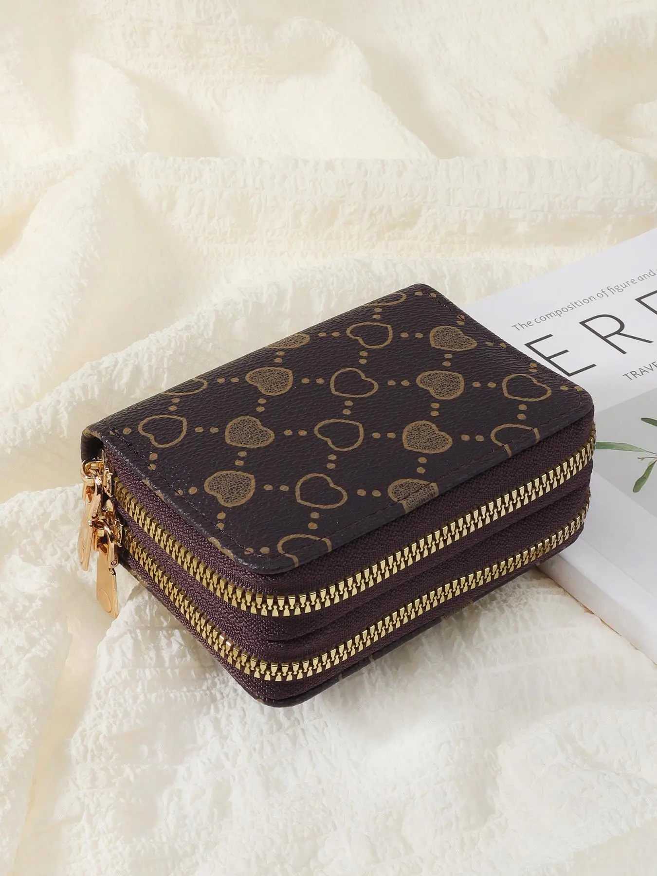 Women's Summer 2024 Retro Heart Print Double Zipper Around Coin Purse for Mothers Day Gift, Simple Casual Multi-card Card Holder, Pu Leather Credit Card Storage Bag for Outdoors & Travel