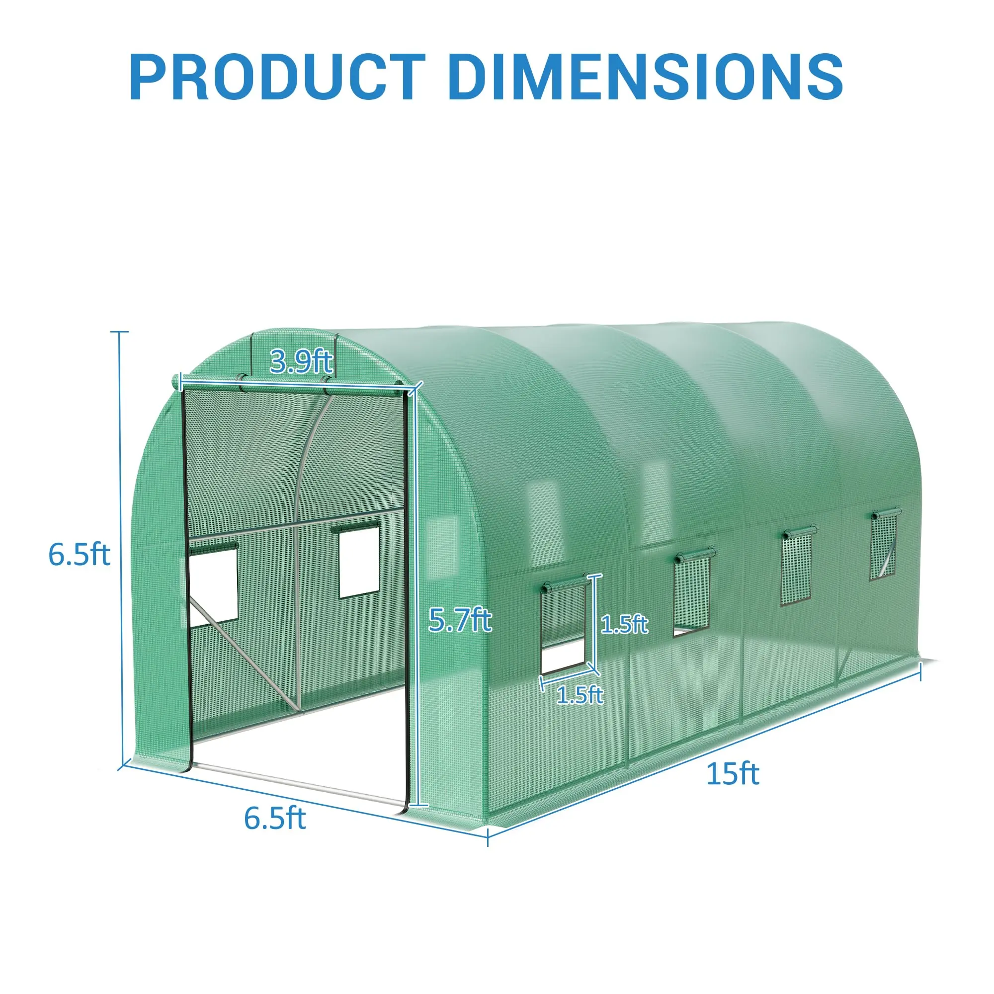 Gaomon Adjustable Heavy-Duty Galvanized Steel Walk-In Greenhouse (15x7x7 ft) - UV-Blocking Weather-Resistant PE Cover Hoop House with 8 Windows, Roll-Up Door, Optimal Airflow Climate-Control Ventilation for Backyard Gardens, Nurseries, Organic Cultivation