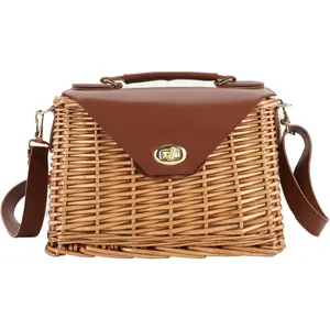 Wicker Handbag Straw Purse for Women, Hand Woven Rattan Bag with Leather Strap, Summer Beach Bag with Lining