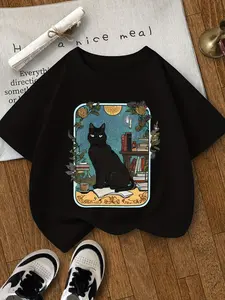 Black Cat Cartoon Print T-Shirt for Girls, Casual Crew Neck Short Sleeve Knit Top, Polyester Blend with Slight Stretch, Summer Fashion for Ages 8-14