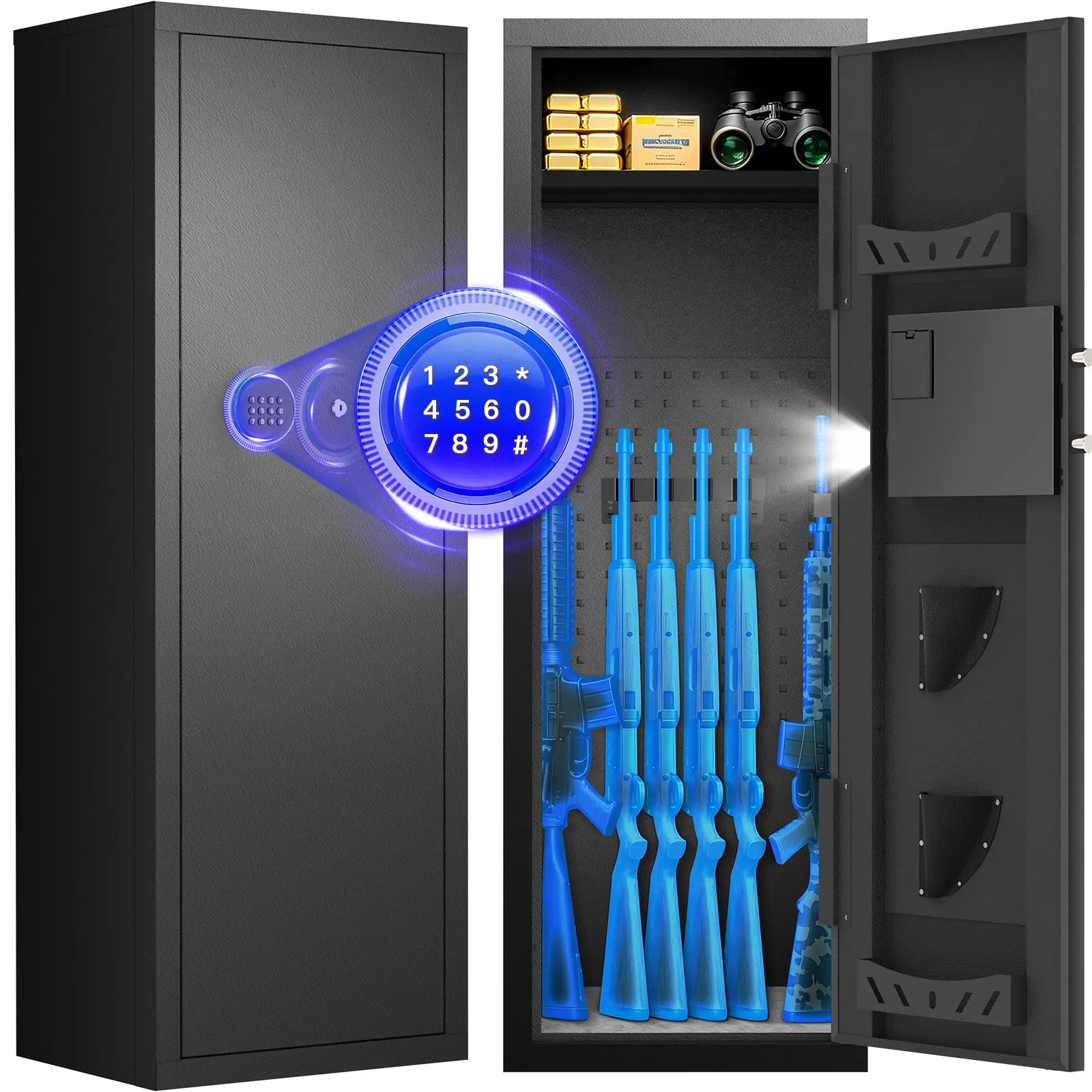 ACTIGER 10-13 Smart Security Safe Cabinet for Rifles/Shotguns, Digital Code Lock with Alarm, Quick-Access, Adjustable Shelves Fit Gear, Wall-Mount Bolts, Internal LED Light, 2 Keys, Safety Gloves, Home Office Tool Organizer, Anti Theft Safes