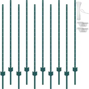 5 Feet T-Post Fence Posts 10 Pack Heavy Duty Metal Fence Posts Green For Outdoor Farm Garden Perimeter Fencing, Construction Use, Durable Steel Fence Poles, 60 Inch Long, Ideal For Ranch, Yard, And Field Borders