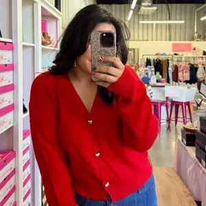 Warm Hearts Sweater - Red V-Neck Cardigan with Heart Buttons for Women