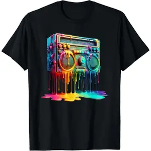 Urban Graffiti Style Tee with Retro Boombox and Paint Splatter for 80s Hip Hop Fans Cotton Fabric graphic tees men gifts