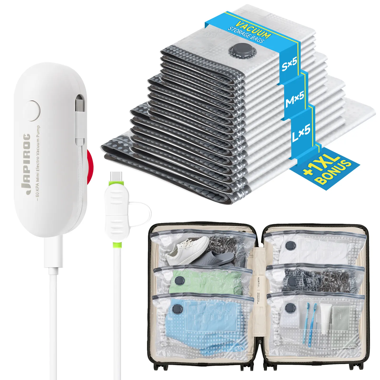 Travel Vacuum Storage Bags With Usb Electric Pump,16Pcak Electric Vacuum Storage Bag Set,Suitable For Luggage And Suitcases, Carry-On, Save Clothing Storage Space