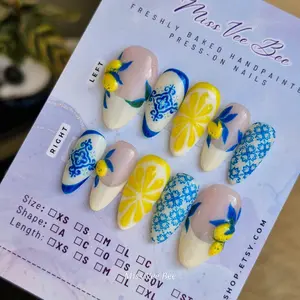 Lemon Citrus Blue Porcelain 3D Nail Art, Luxury Handmade Hand Painted Reusable Ready to Wear Press on Nails