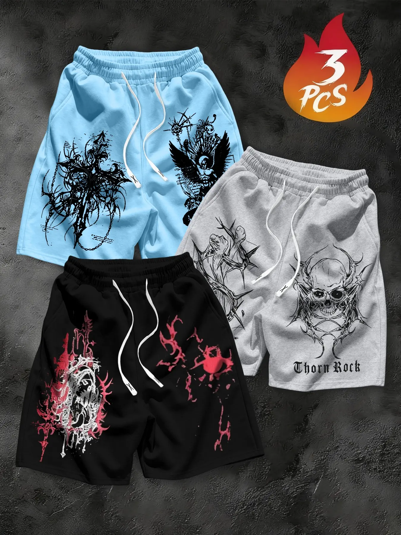 3-Pack American Dark Skull Thorns Print Daily Casual Shorts, High Street Cool Loose Five-Quarter Pants for Men, Streetwear Style, Menswear