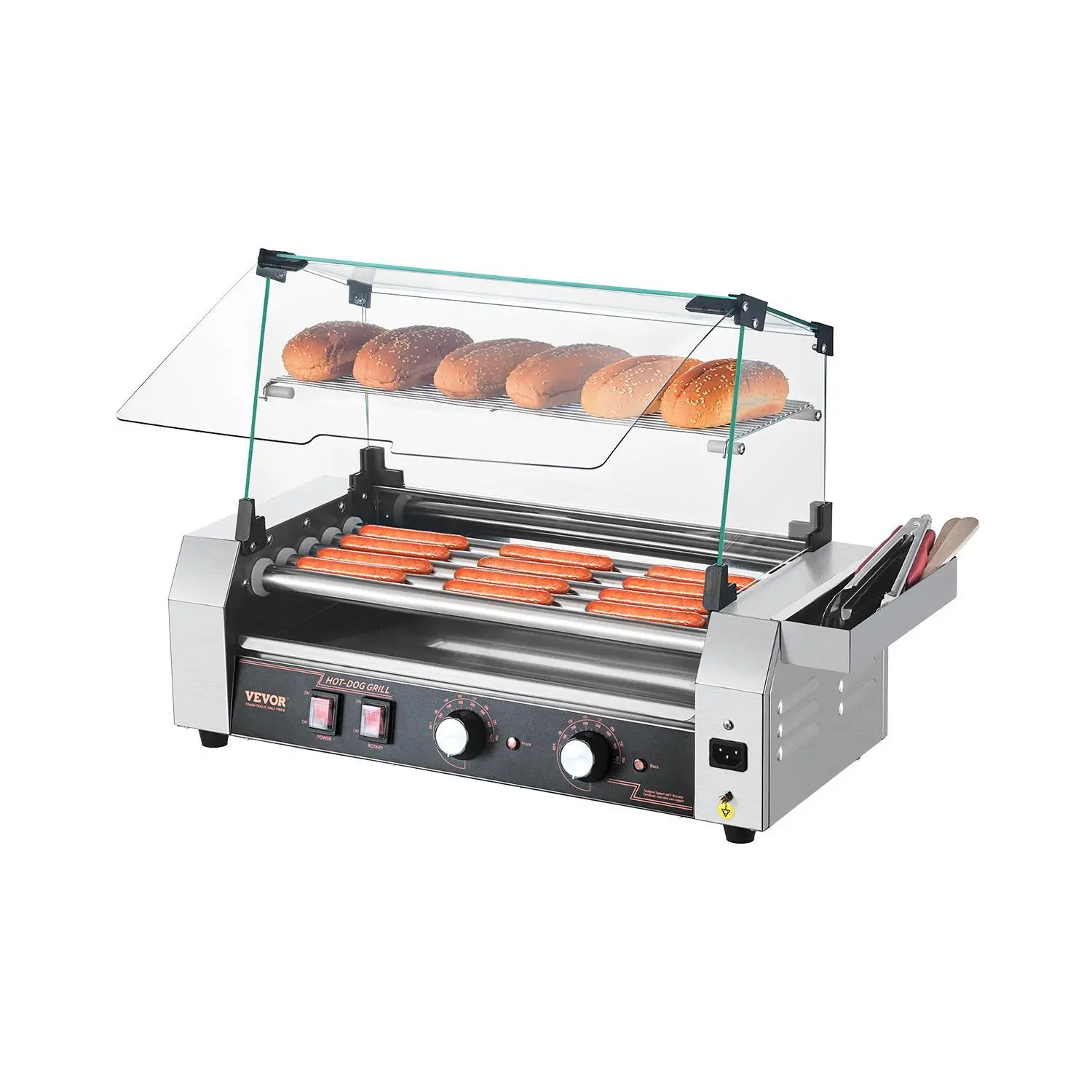【Summerfinds】VEVOR Hot Dog Roller,  , 12 Hot Dog 5 Rollers, Stainless Steel Sausage Grill Cooker, 750W Commercial Hot Dog Machine with Dual Temp Control, Cover, Side Storage Box, Removable Shelf & Oil Drip Tray