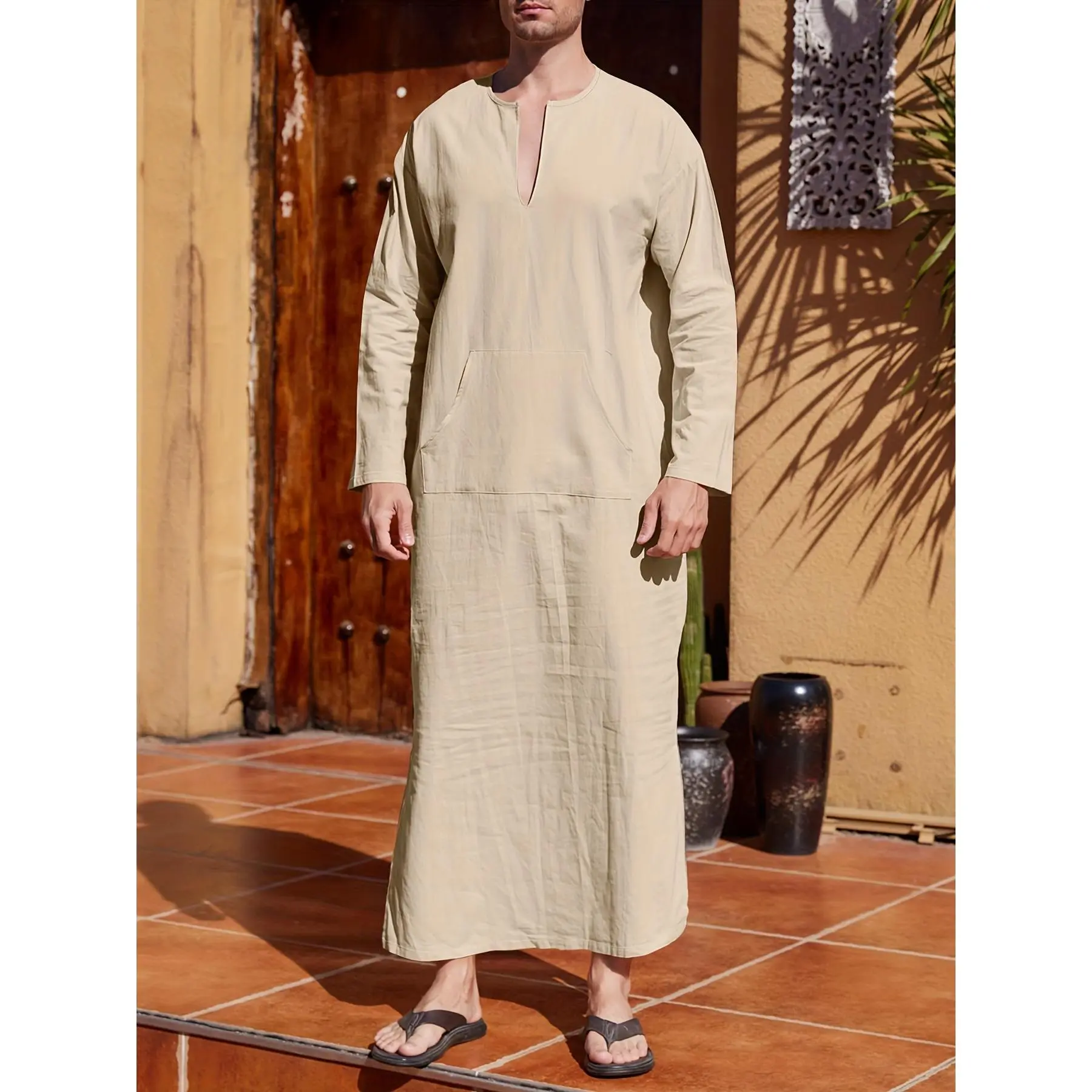 Men's Classic Woven Blend Kaftan Robe - Ankle-Length, Long-Sleeve, V-Neck, Drop Shoulder, Loose Fit, Breathable, Sweat-Absorbent, Anti-Allergenic, Pockets, Islamic Arabic Style Thobe for Casual Loungewear (Husbands, Fathers)