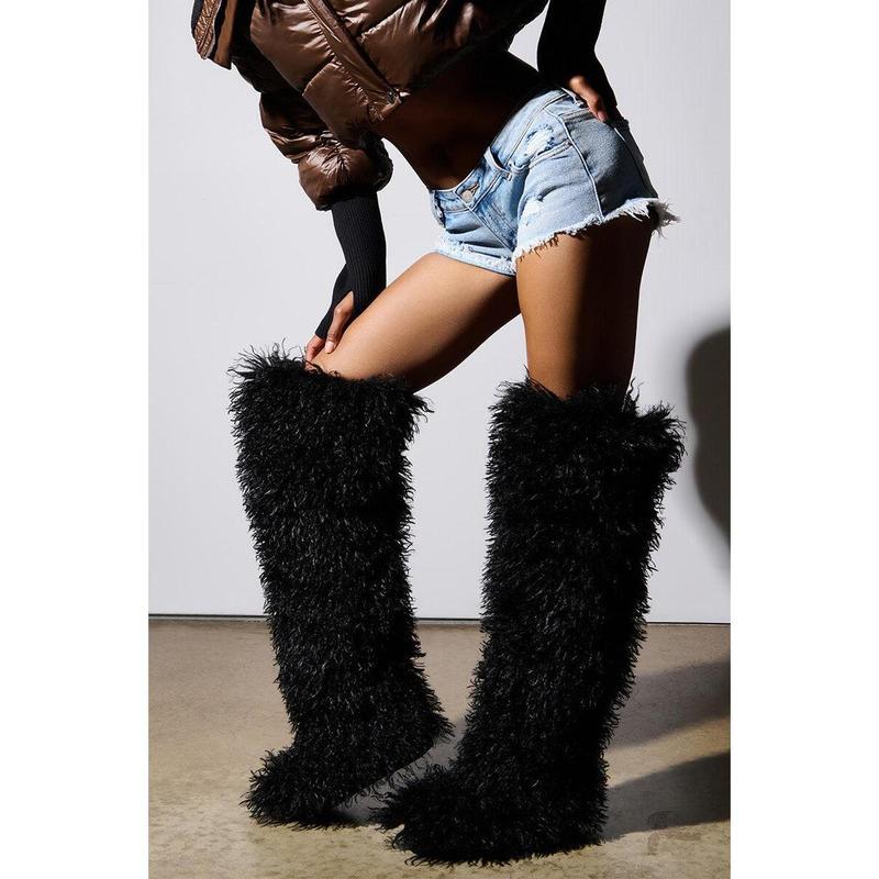 AZALEA WANG TEMPLETON BLACK POODLE FAUX FUR OVER THE KNEE BOOT