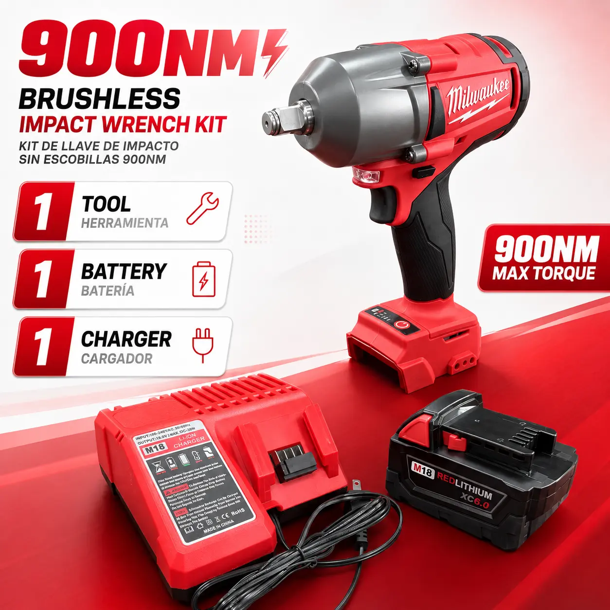 Milwaukee 18V Cordless Impact Wrench Power Tool, 900N.m Torque, 12.0Ah Battery & Charger Kit Ready Cordless Power Tool for Heavy-Duty Tasks