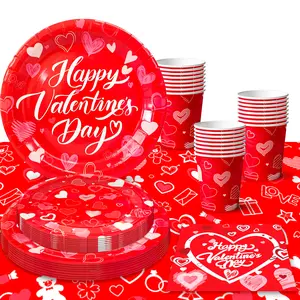 Valentines Day Party Tableware, 97 Pcs Valentine's Day Party Supplies Tableware Set - Valentines Day Party Plates Napkins Tablecloth etc Valentine Day Tableware for Happy Valentines Day Decorations