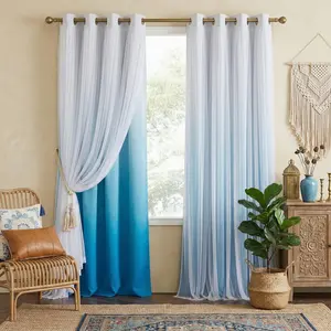 Modern Bedroom Blackout Curtains, Blue- Gradient Sheer Drapes, Elegant Layered Curtain, Mixed Match Living Room Decor