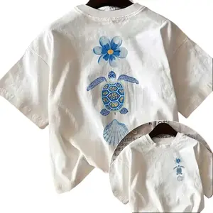 Sea Turtle & Flower Print 100% Cotton Short Sleeve T-Shirt,summerwins
