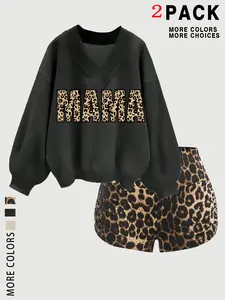 Women's Leopard Print Sweatshirt Set, Long Sleeve Womenswear Casual Everyday Fall Winter Round Neck Pullover Tops, Fashionable Letter Pattern Mama, Perfect Gift for Mom & Aunt