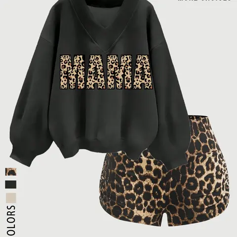Women's Leopard Print Sweatshirt Set, Casual Fall Winter Round Neck Pullover, Fashionable Letter Pattern, Perfect Gift for Mom & Aunt, Aesthetic