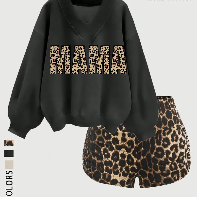 Women's Leopard Print Sweatshirt Set, Casual Fall Winter Round Neck Pullover, Fashionable Letter Pattern, Perfect Gift for Mom & Aunt, Aesthetic