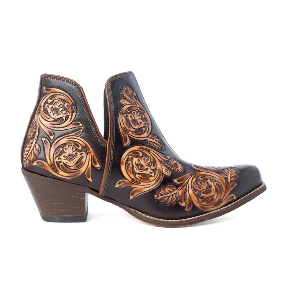 Women's Classic Brown Bronzed Western Leather Cut-Out Booties, Trendy Women's Footwear, Western Elegance, Slip On, Ankle Height, 2 In, Baroque Scrolls, Chocolate Leather, Hand-Tooled, Stacked Heel, Artisan Crafted, All Seasons, Walking Shoes
