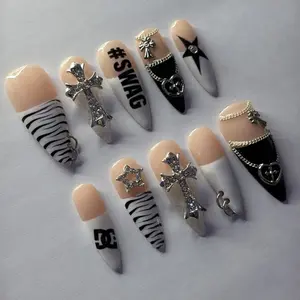 Trendy Zebra Print SWANG Press on Nail with Cross Charm, SWANG White Zebra Metal Charm False Nail Set