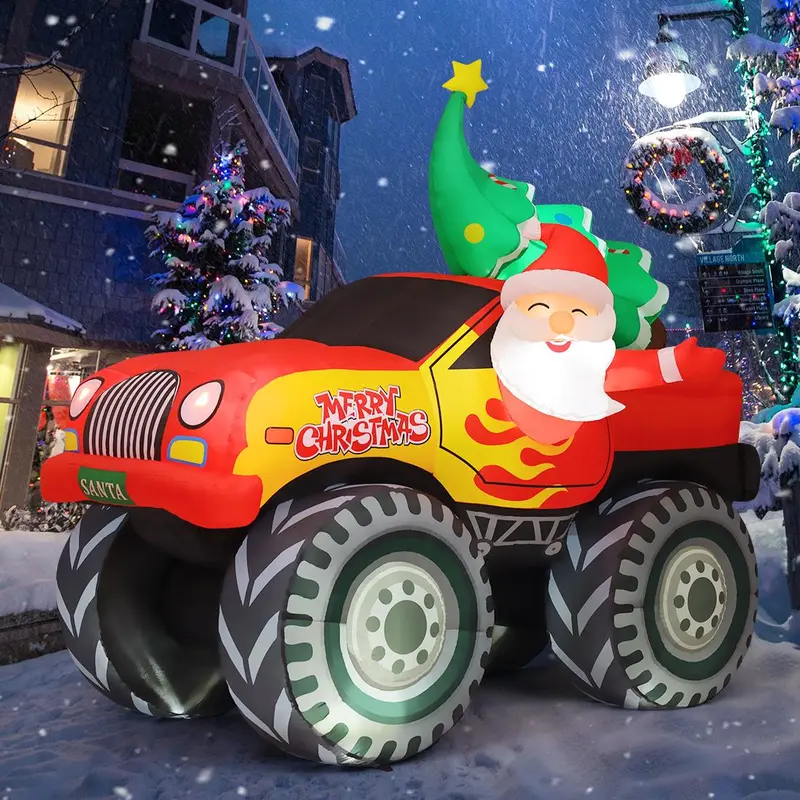 Christmas Inflatables Monster Truck 7.2 FT Long Outdoor Decorations Blow Up Yard Santa Claus with Presents on Truck with Built-in LEDs for Garden Lawn Indoor Party Décor Waterproof Metal Ornaments Set