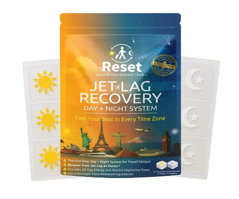 Reset Jet Lag Recovery Patch System – Natural Day & Night Transdermal Patches with Extra Strength Melatonin, Magnesium & B Vitamins | Travel Fatigue Relief, Sleep Support & Energy Boost | 12 Count