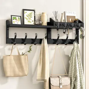29" Coat Rack Wall with Shelf, 4 in 1 Wall Mounted Coat and Key Hanger with 11, Entryway Key Holder with Mail Holder for Living Room, Bedroom, Black