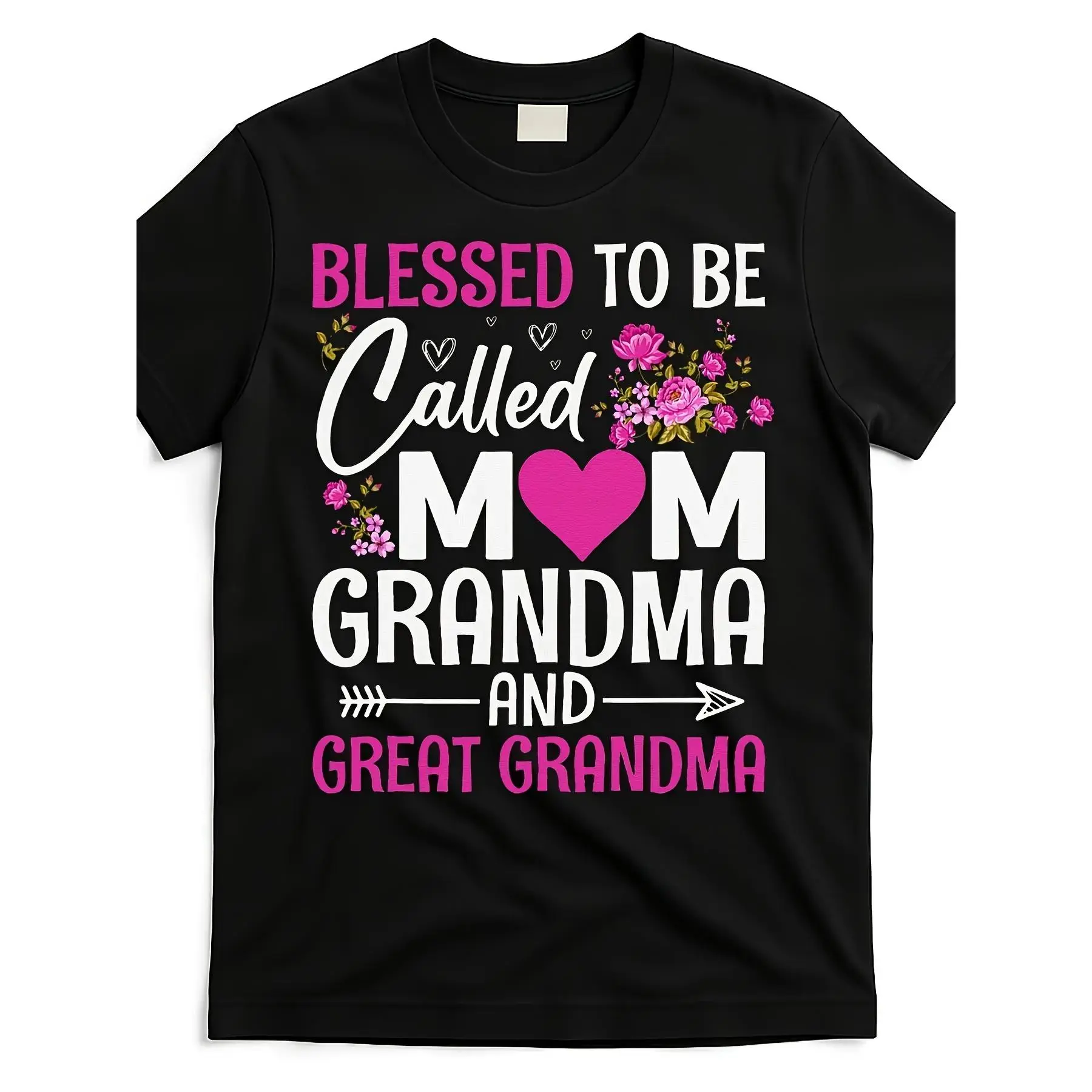 Blessed To Be Called Mom Grandma & Great Grandma T-Shirt - Women's & Men's Retro Graphic Tee with Floral Lettering & Heart Design, 220gsm Heavyweight Pure, Crew Neck Short Sleeve