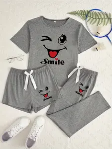 Cute Smiley Face Three-Piece Set, Cartoon Pattern, Loose-Fitting Casual Home Wear, All-Seasons Comfortable, Womenswear